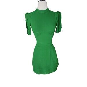 Reformation Kelly Green Twee Mini Dress Womens Size 0 Puff Sleeve Chiffon Preppy